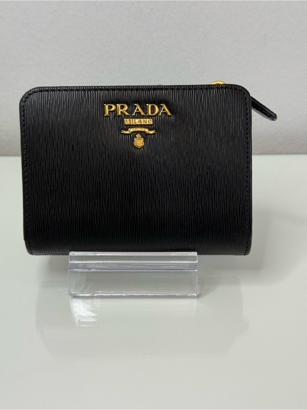 Prada Black Saffiano Zip-Around Wallet with Gold Logo Plaque